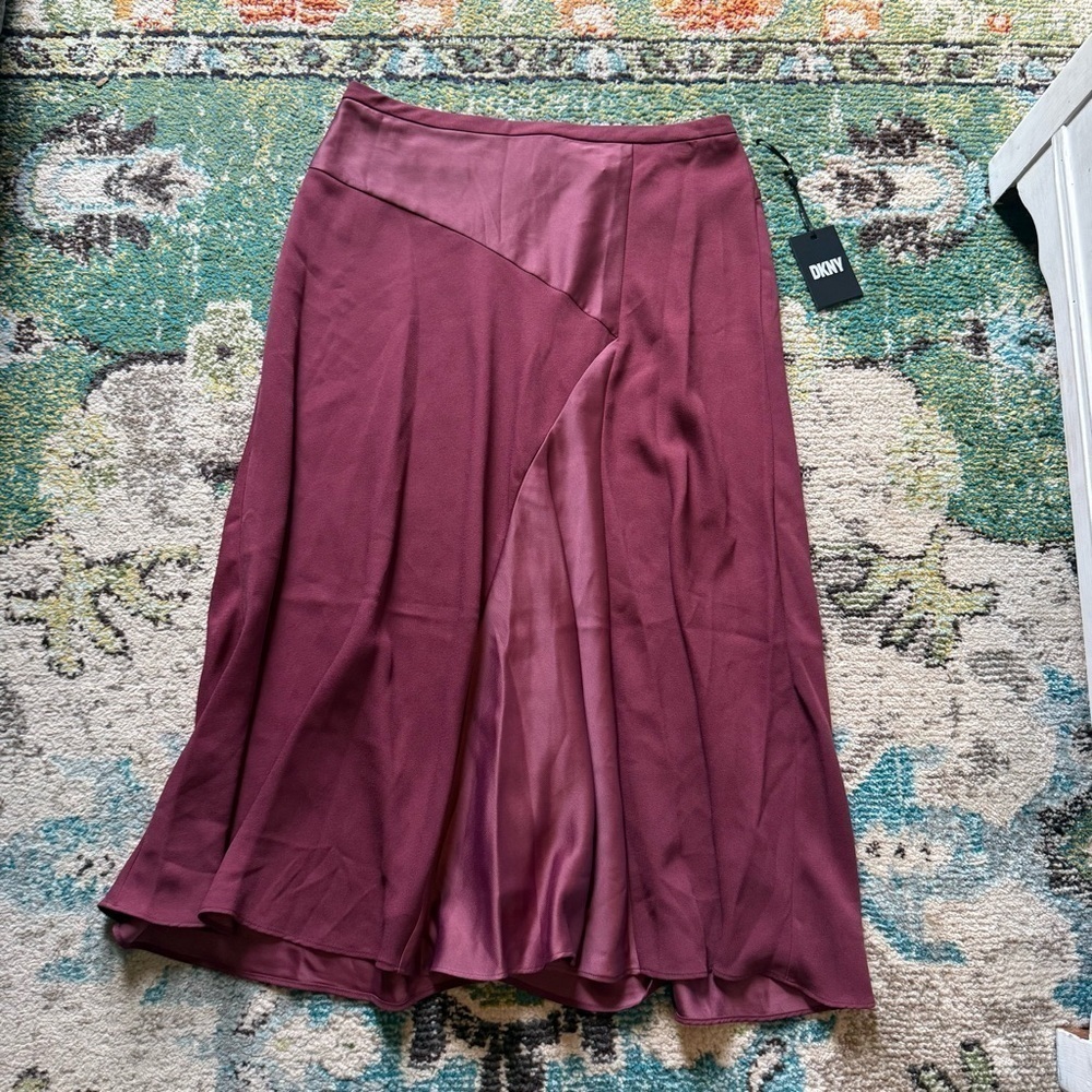 DKNY Cabernet Satin Midi Skirt NWT | Size 10 | Burgundy Asymmetrical Flowy Skirt - Picture 5 of 11